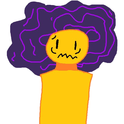  a yellow person looking confused and terrified. Right behind them is a dark purple clouds with purple lines that make an almost swirling pattern